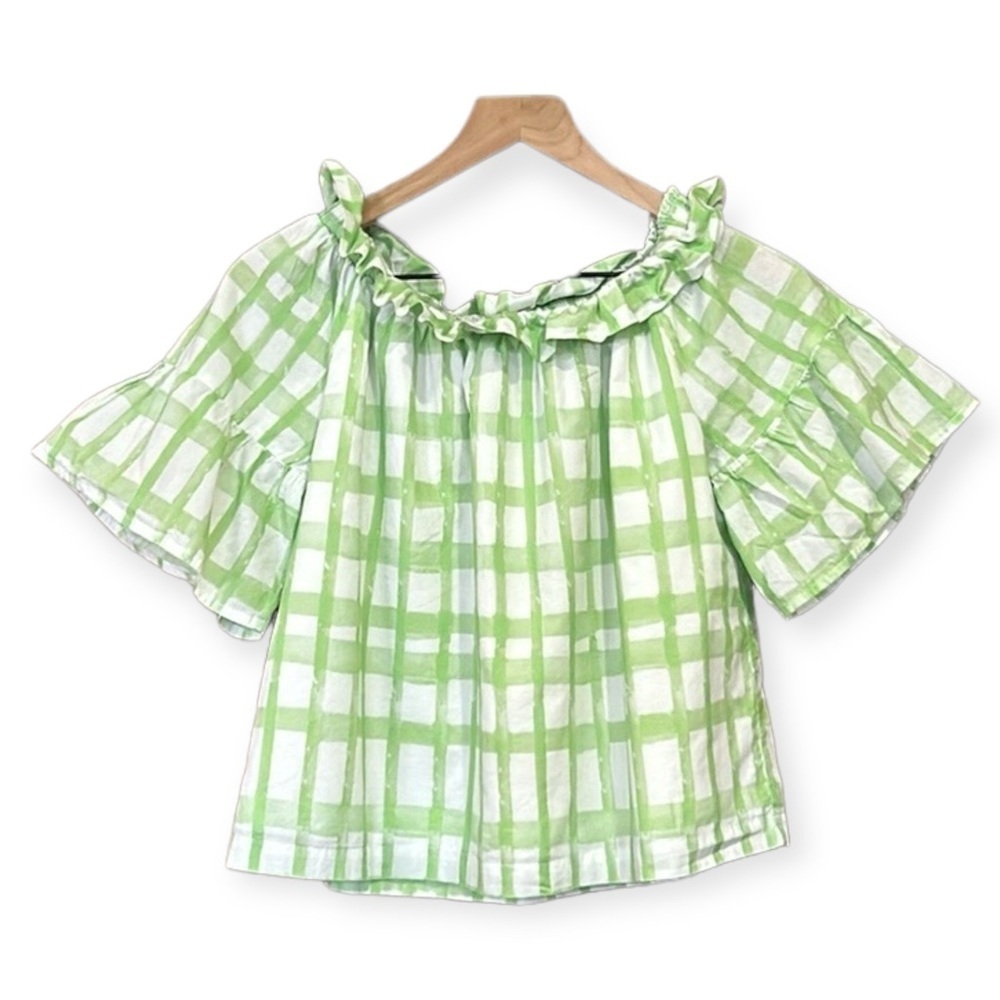 Brooke Wright Green White Off Shoulder Ruffle Top Size XS/SM - Picture 2 of 10